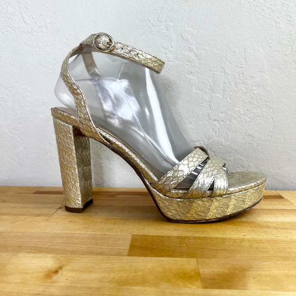 Naturalizer Snake Gold Metallic Leather Platform Heel Ankle Strap Sandal Size 9M - Picture 1 of 10